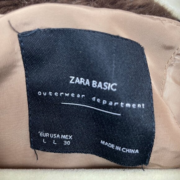 Zara Tan Quilted Puffer Jacket Faux Fur Hood Size L - Picture 7 of 9